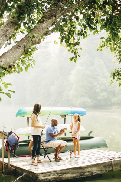 Family fishing in lake