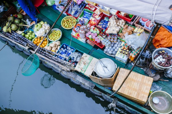 High angle view of vendor boat on river