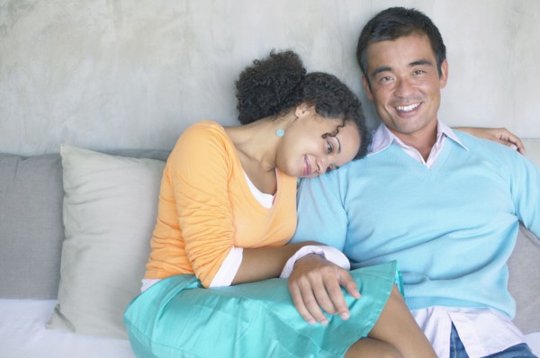 Portrait of couple sitting on couch