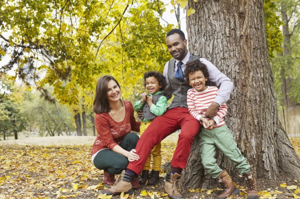 Family smiling together in park