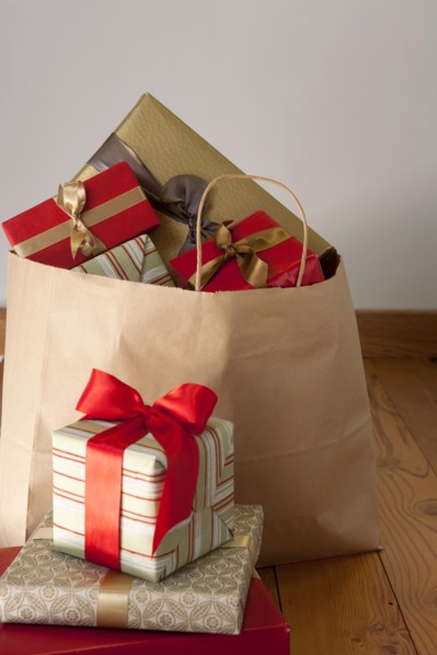 Bag full of Christmas gifts