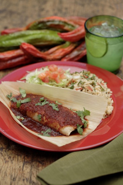 Tamale with red sauce on plate