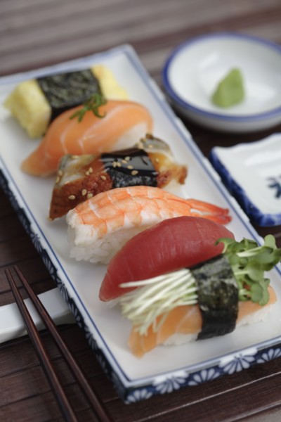 Close up of Nigiri sushi and wasabi