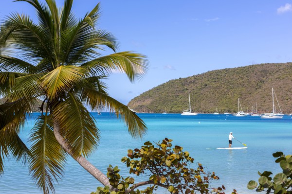 Caucasian tourist using paddle board in tropical ocean