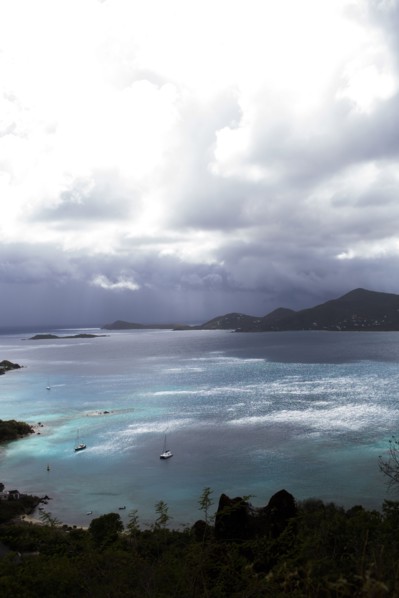 Aerial view of ocean and lush coastline