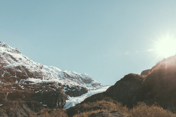 Sunbeams on snowy mountain