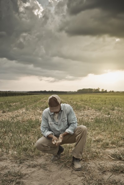 African American farmer checking dirt in field