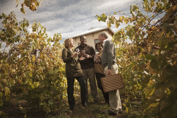 Friends drinking wine in vineyard