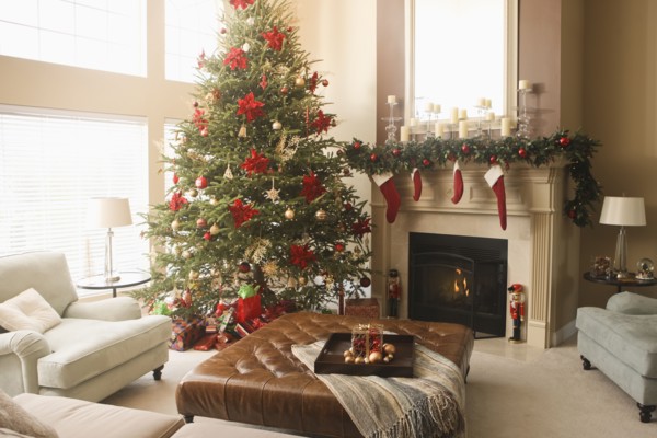 Christmas tree and decorations in living room