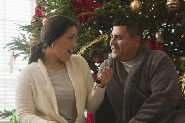 Wife opening keys to new car on Christmas morning