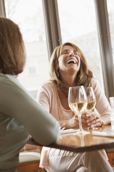 Caucasian friends drinking wine in restaurant