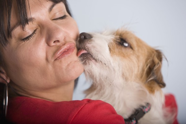 Dog licking Hispanic woman's face