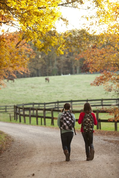 Caucasian girls walking together on road in countryside