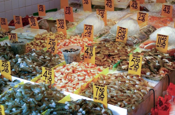 Fresh seafood on ice at market