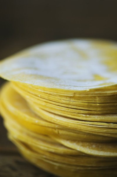 Close up of dumpling wrappers in a stack
