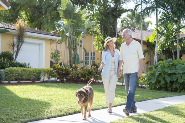 Caucasian couple walking dog in neighborhood