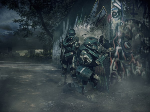 Robots patrolling city holding rifle