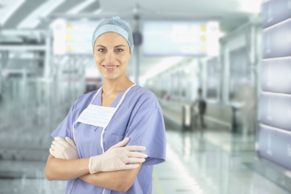 Mixed race doctor wearing scrubs in hospital