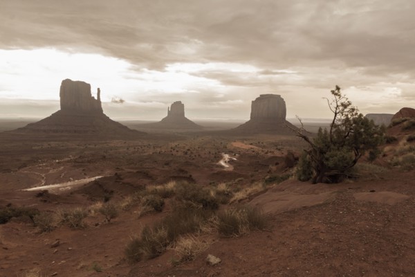 Rock formations in desert under cloudy sky