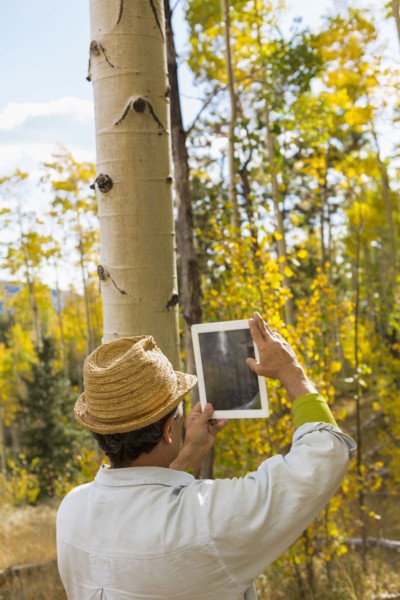 Man photographing with digital tablet in autumn forest