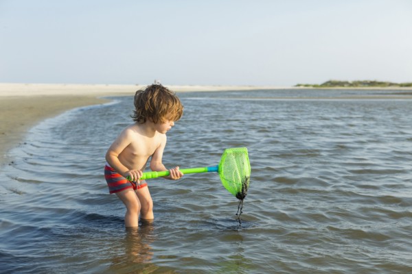 Caucasian boy wading in ocean holding
