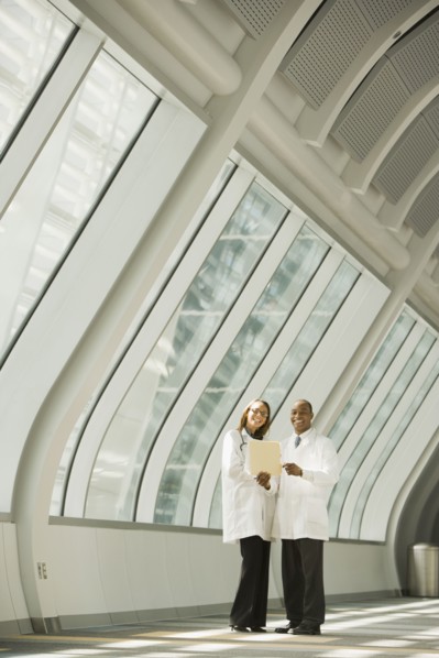 African doctors posing in corridor
