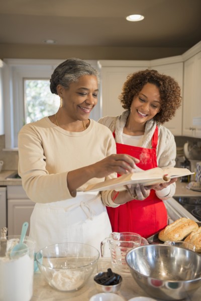 Mother and daughter baking in kitchen