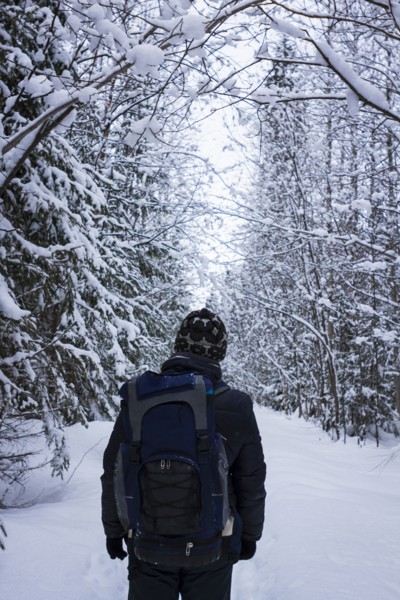 Caucasian hiker standing in snowy forest