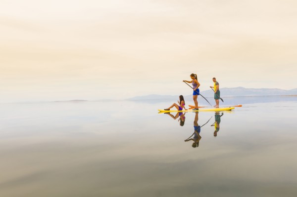 Family riding paddle boards