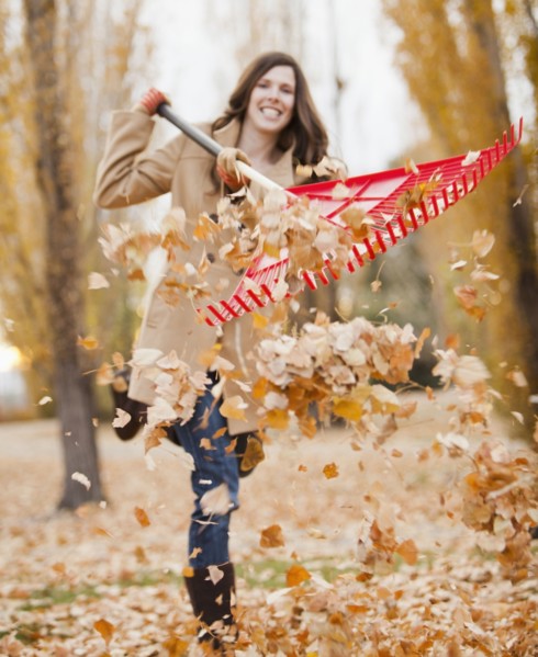 Caucasian woman raking autumn leaves