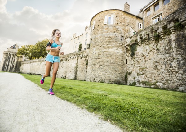 Caucasian woman jogging outdoors
