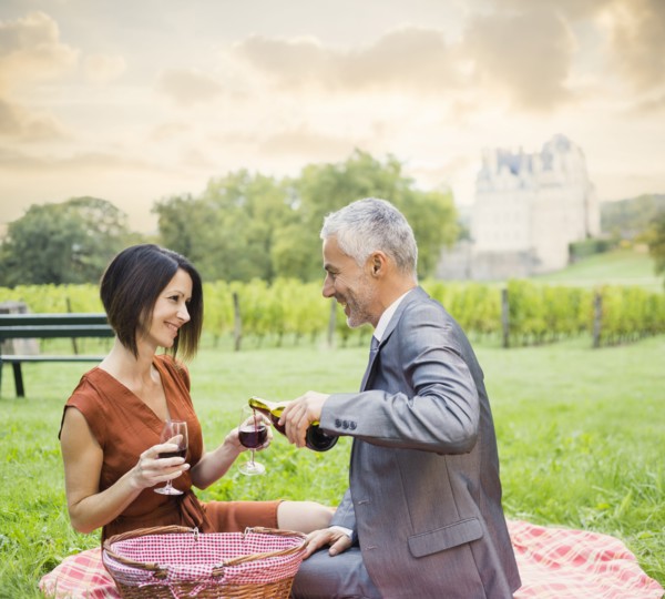 Caucasian couple enjoying wine at picnic