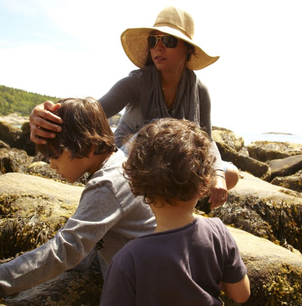Mother and sons sitting on rocks