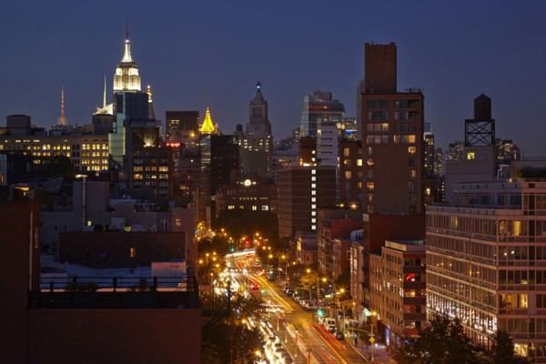 Skyline lit up at night