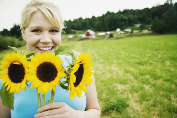 Woman holding sunflowers on farm