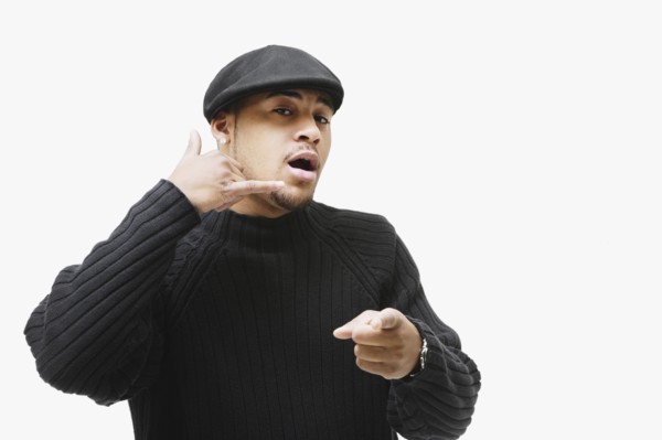African man making telephone hand gesture and pointing