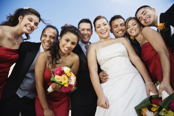 Low angle view of multi-ethnic bridal party