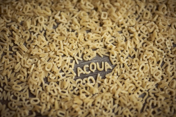 Alphabet noodles spelling acqua