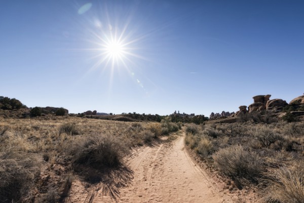 Sun in blue sky over desert path