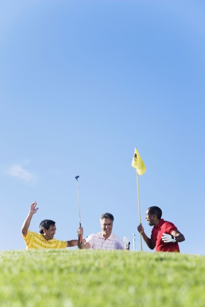 Multi-ethnic men cheering on golf course