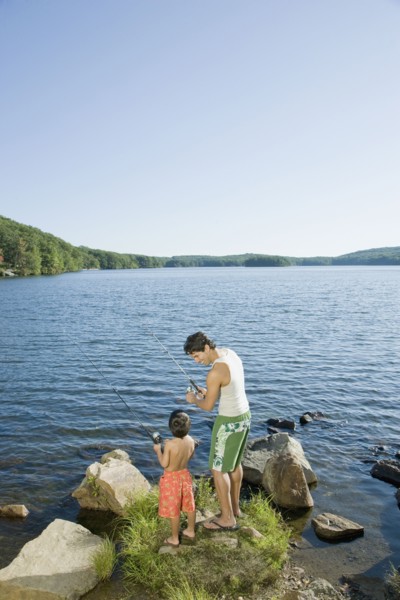 Mixed race father and son fishing in lake