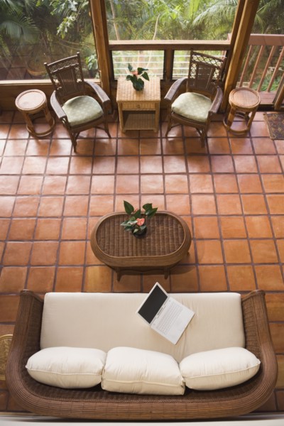 High angle view of empty livingroom with laptop on sofa