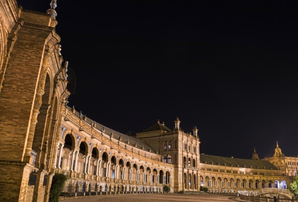 Ornate porticoed building at night