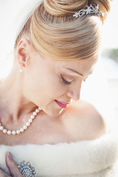 Hispanic bride looking down