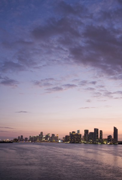 Miami city skyline and harbor at sunset