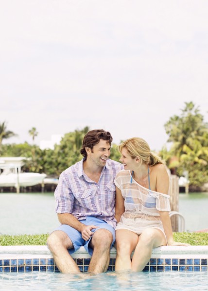 Caucasian couple sitting at the edge of swimming pool