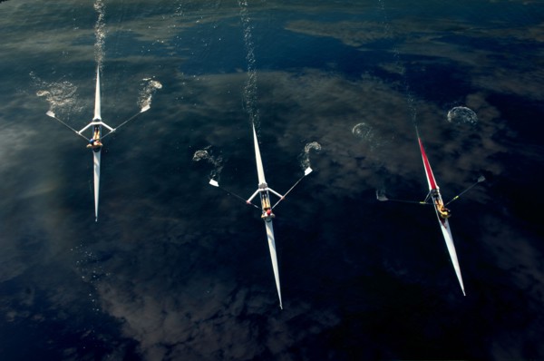 People rowing sculling boats on river