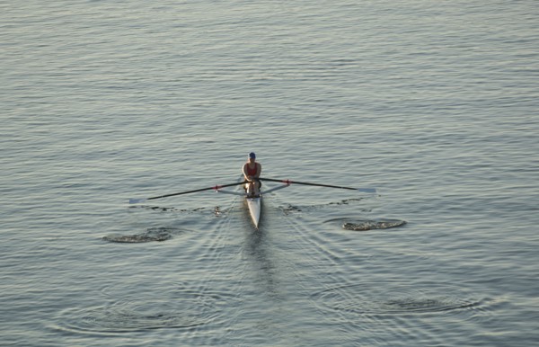 Person rowing sculling boat on river