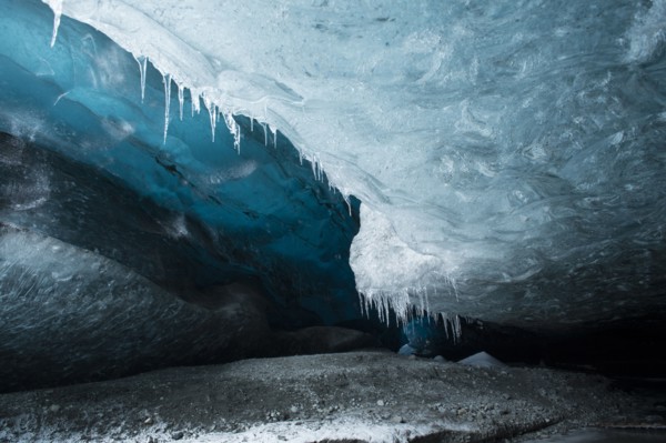 Icicles hanging from ice cave ceiling
