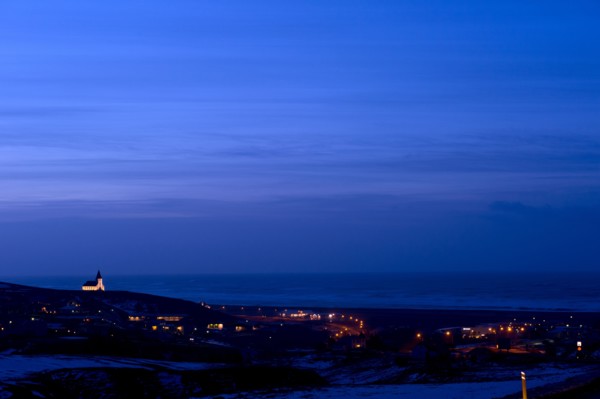 Vik cityscape illuminated at night